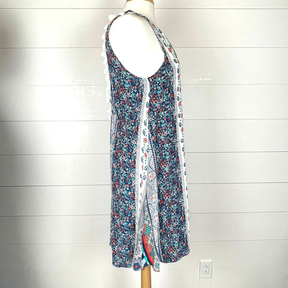 Blush Dress Womens Small Blue Mini Sleeveless V Neck Floral Aztec Fringe Casual - Picture 5 of 10